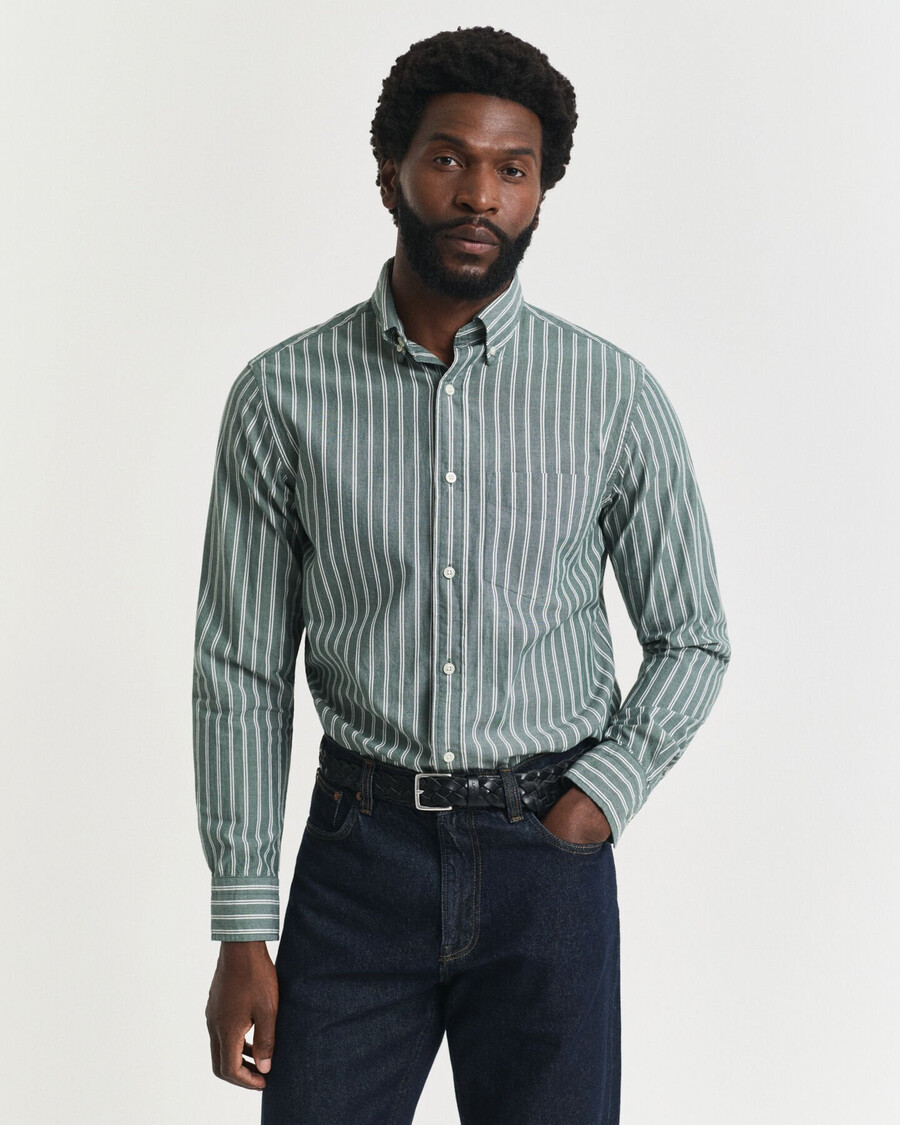 camisa de popeline listrada de corte regular - verde floresta