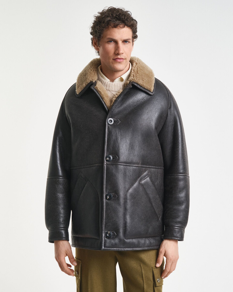 jaqueta de couro com forro de pele de carneiro wornin leather - marrom escuro