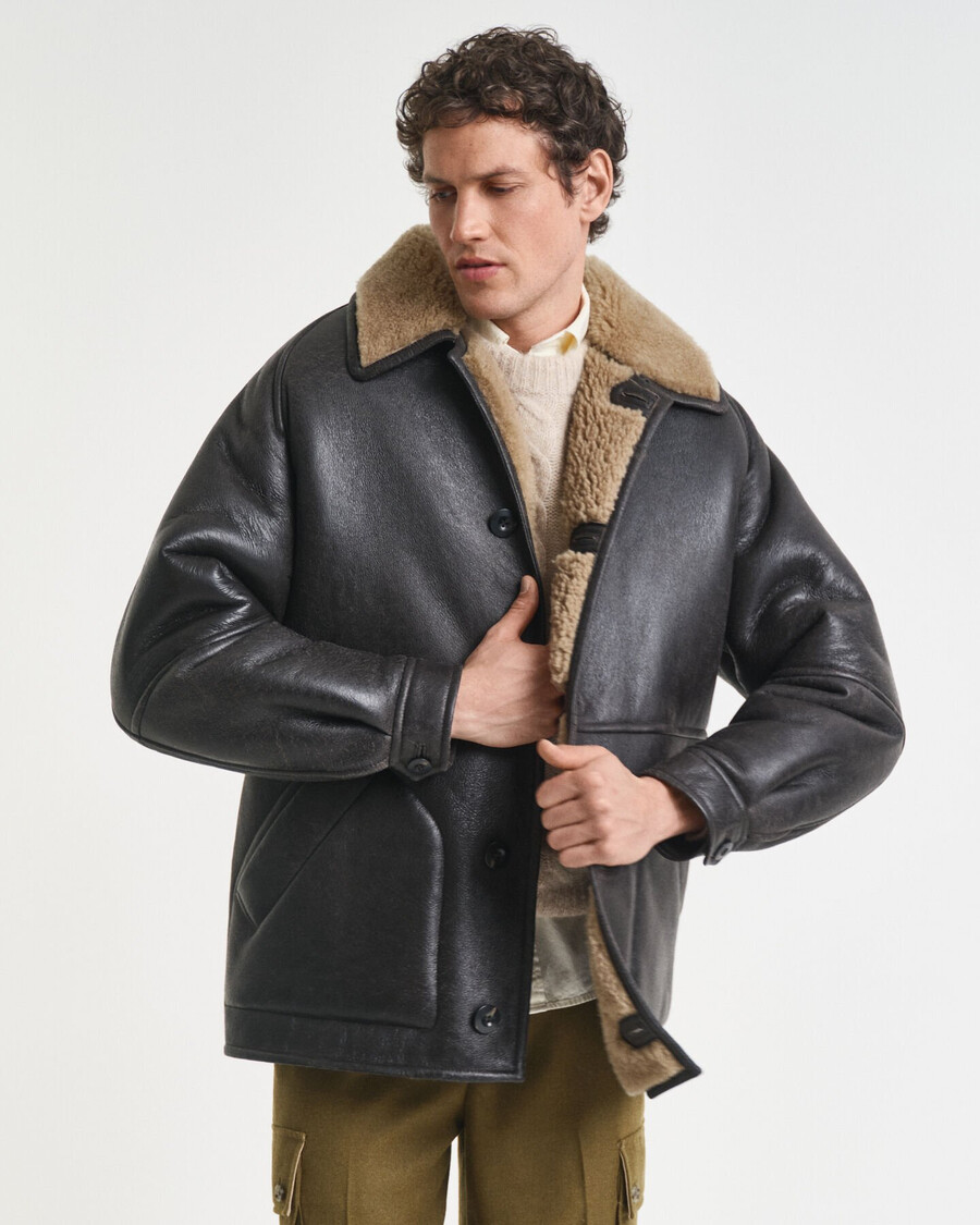 jaqueta de couro com forro de pele de carneiro wornin leather - marrom escuro