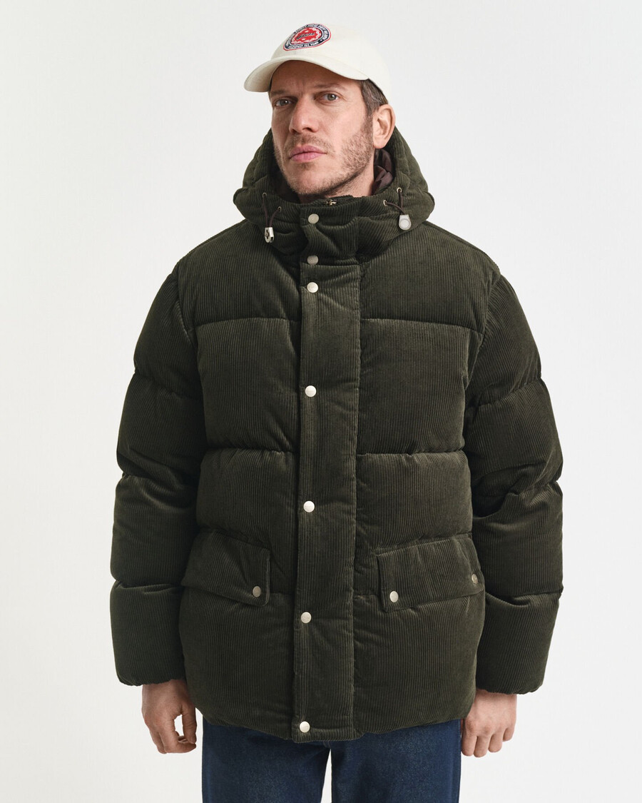 jaqueta puffer de veludo cotelê - verde musgo escuro