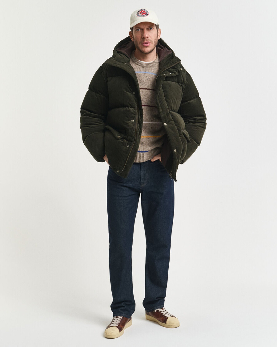 jaqueta puffer de veludo cotelê - verde musgo escuro