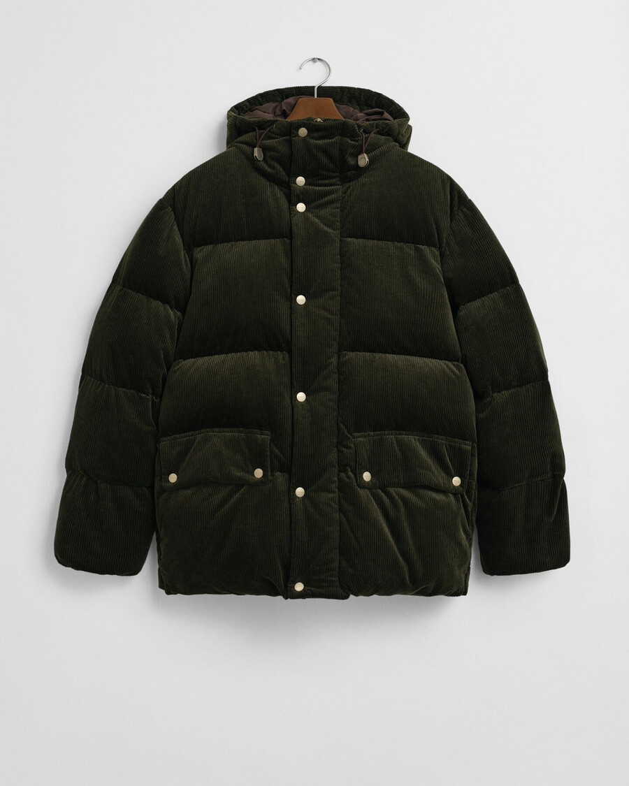 jaqueta puffer de veludo cotelê - verde musgo escuro