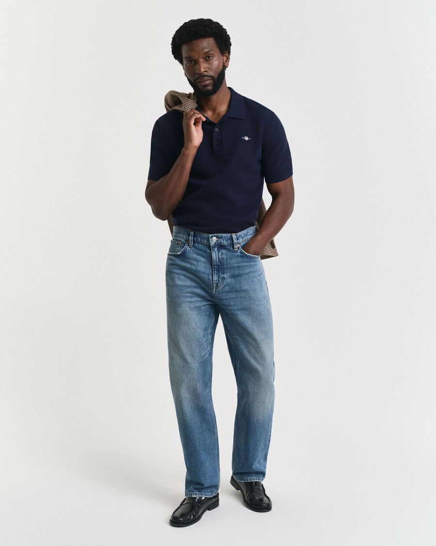 camisa polo de algodão texturizado - azul noite