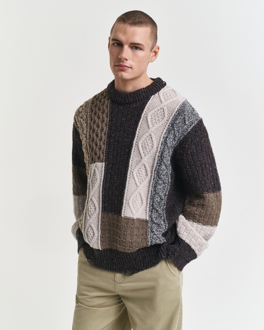 suéter de gola redonda com patchwork - marrom escuro mesclado