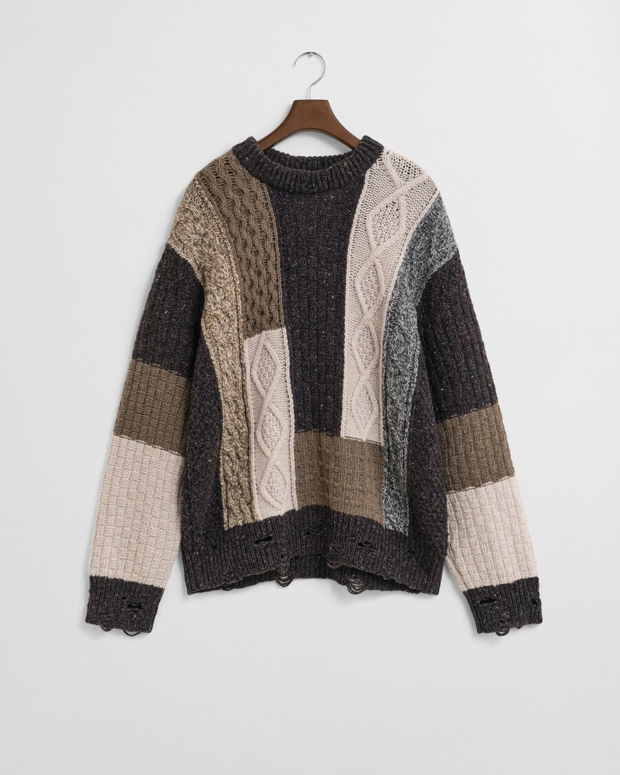 suéter de gola redonda com patchwork - marrom escuro mesclado