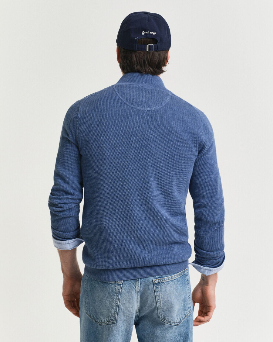 suéter de algodão piqué com meio zíper - azul jeans mesclado