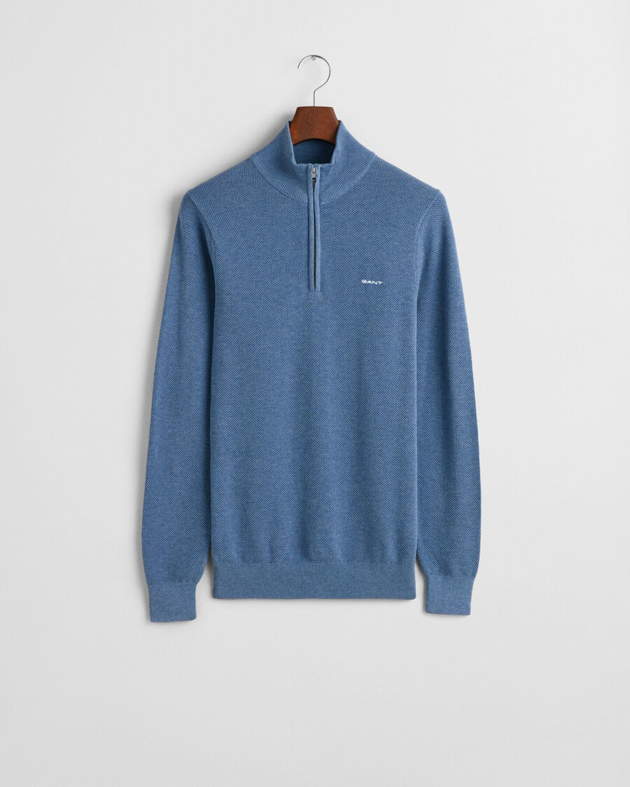 suéter de algodão piqué com meio zíper - azul jeans mesclado
