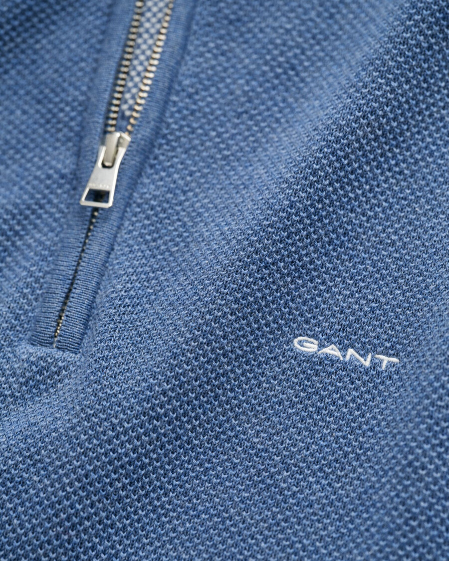 suéter de algodão piqué com meio zíper - azul jeans mesclado