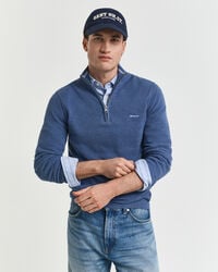 suéter de algodão piqué com meio zíper - azul jeans mesclado