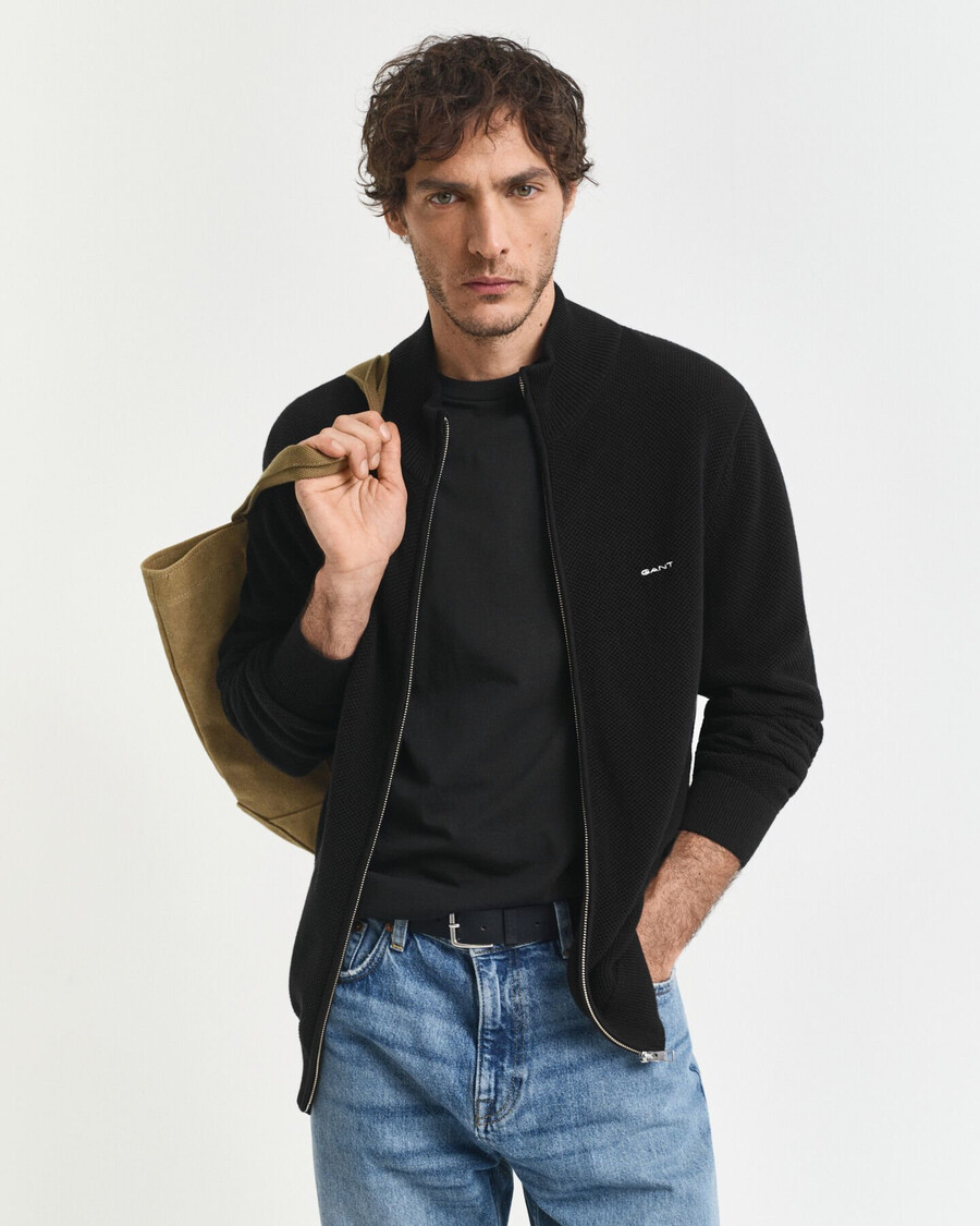 cardigã de algodão piqué com zíper - preto