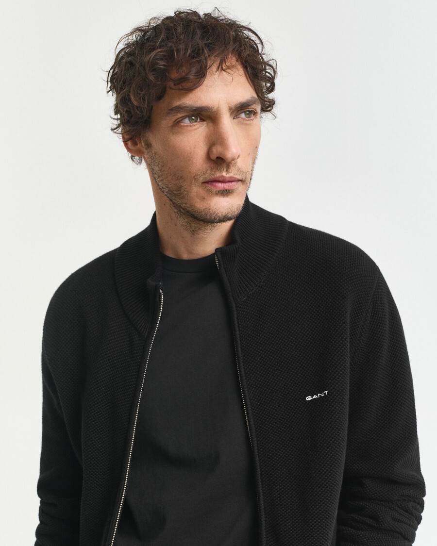cardigã de algodão piqué com zíper - preto