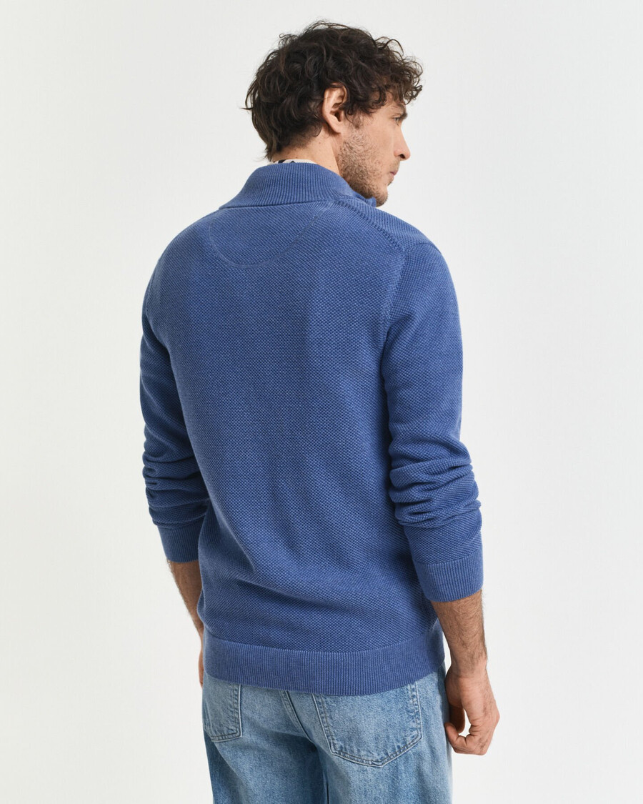 cardigã de algodão piqué com zíper - azul jeans mesclado