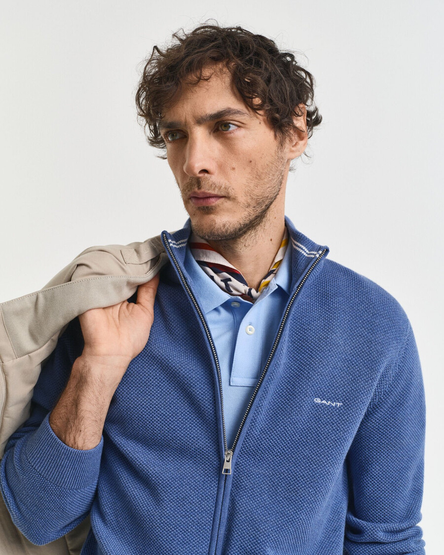 cardigã de algodão piqué com zíper - azul jeans mesclado