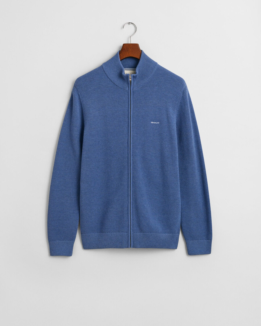 cardigã de algodão piqué com zíper - azul jeans mesclado