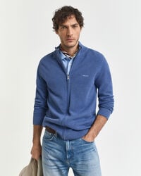 cardigã de algodão piqué com zíper - azul jeans mesclado