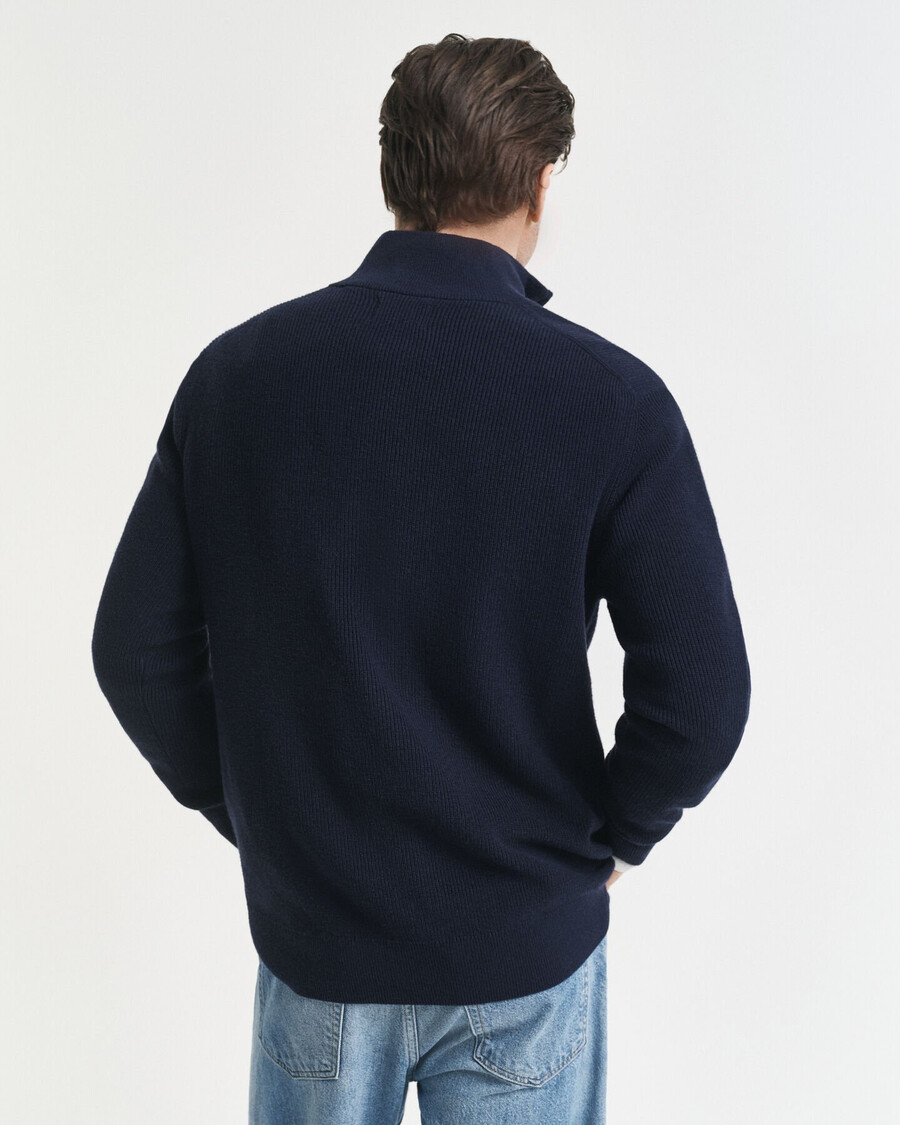 suéter canelado de algodão e lã merino com meio zíper - azul noite