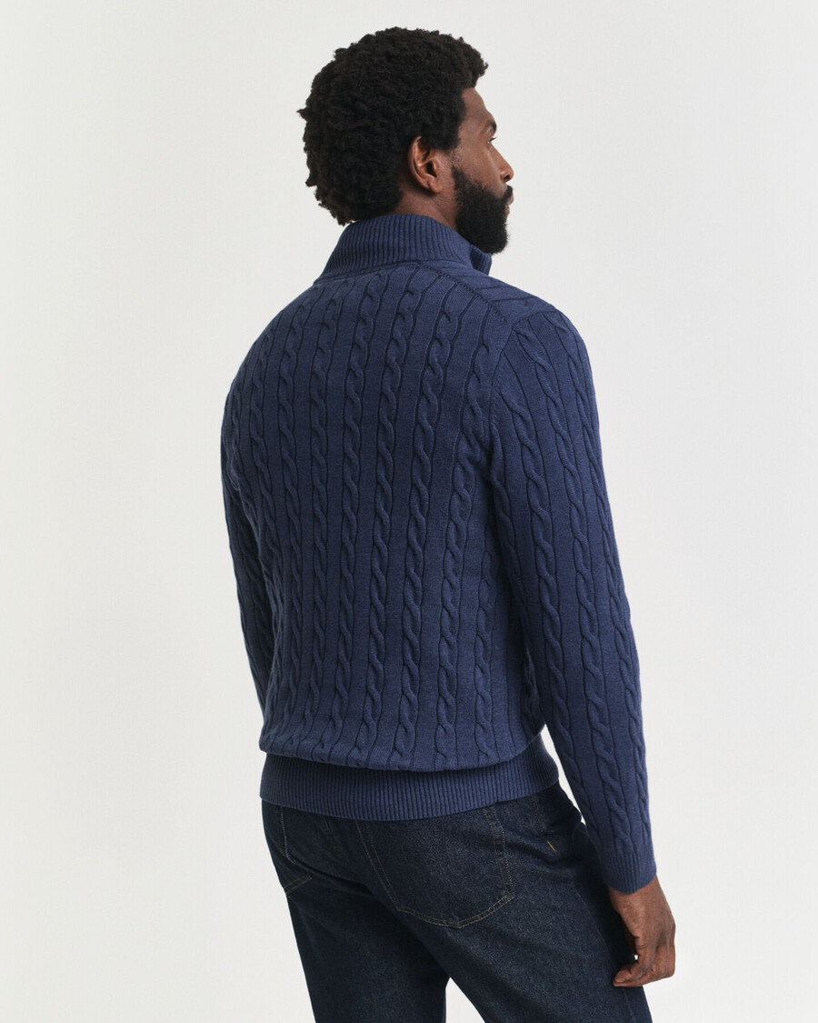 suéter de algodão com tranças e meio zíper - azul jeans escuro mesclado