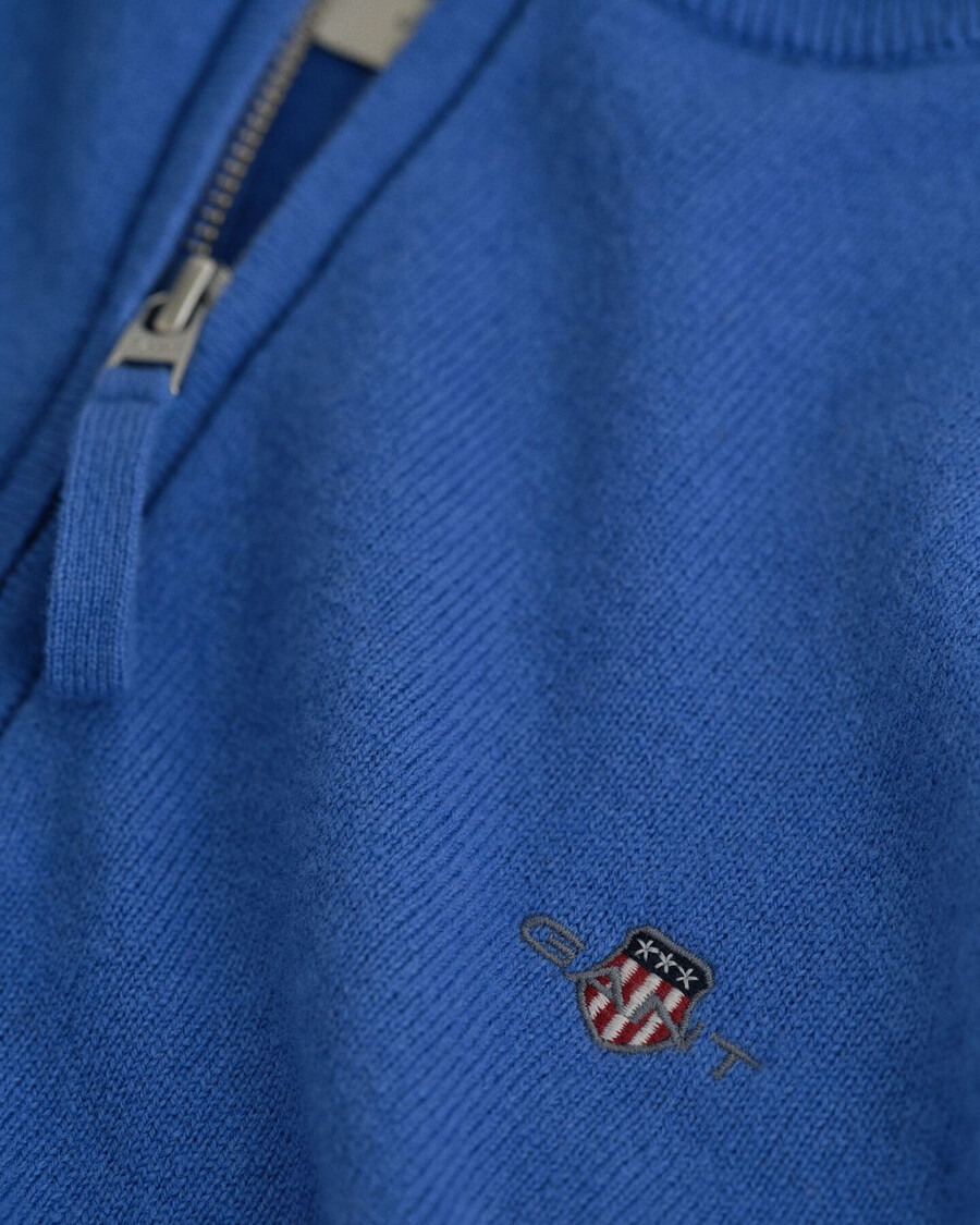 suéter de lã de cordeiro superfina com meio zíper - azul perfeito