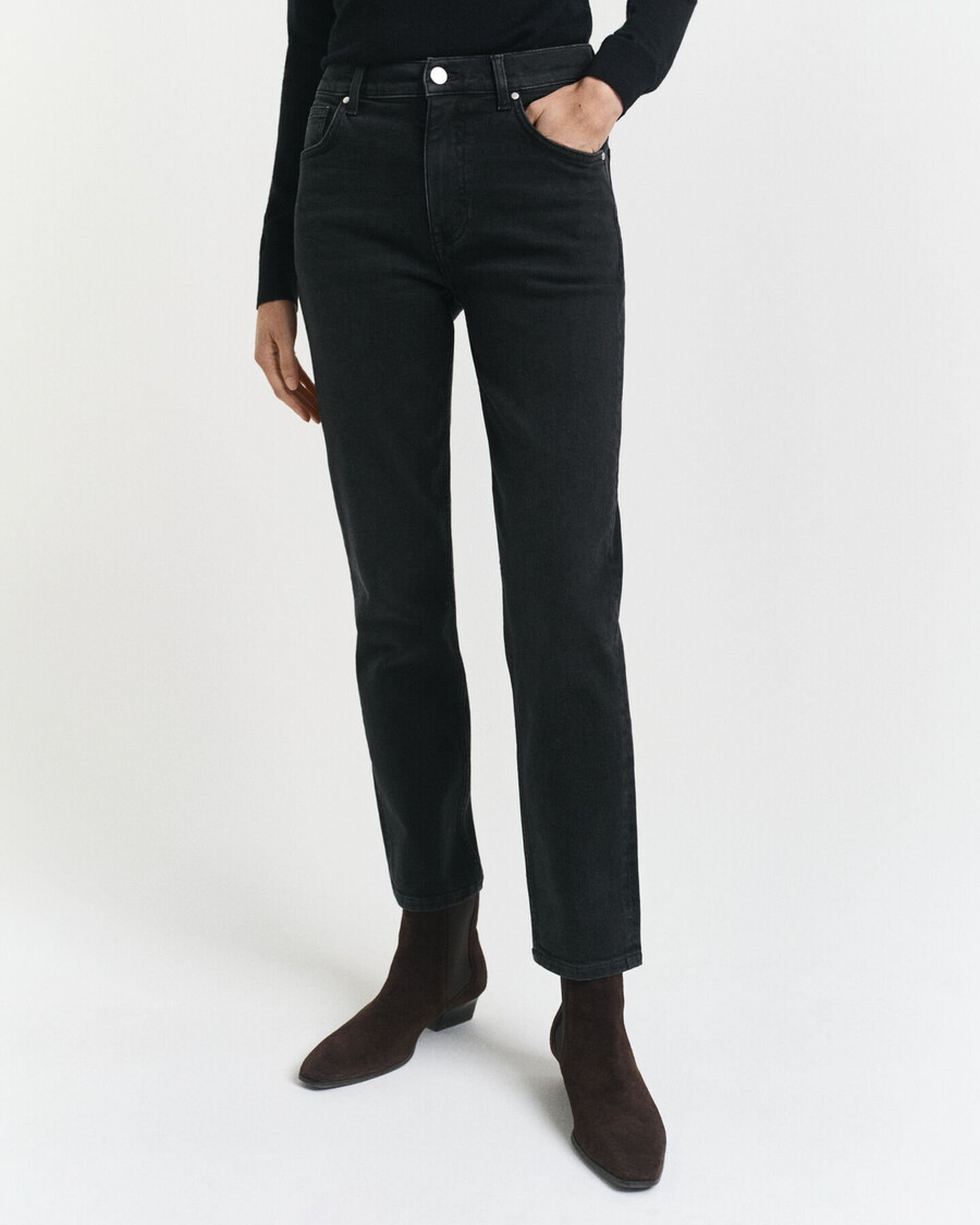 calça jeans preta cropped slim fit - preta com efeito desgastado