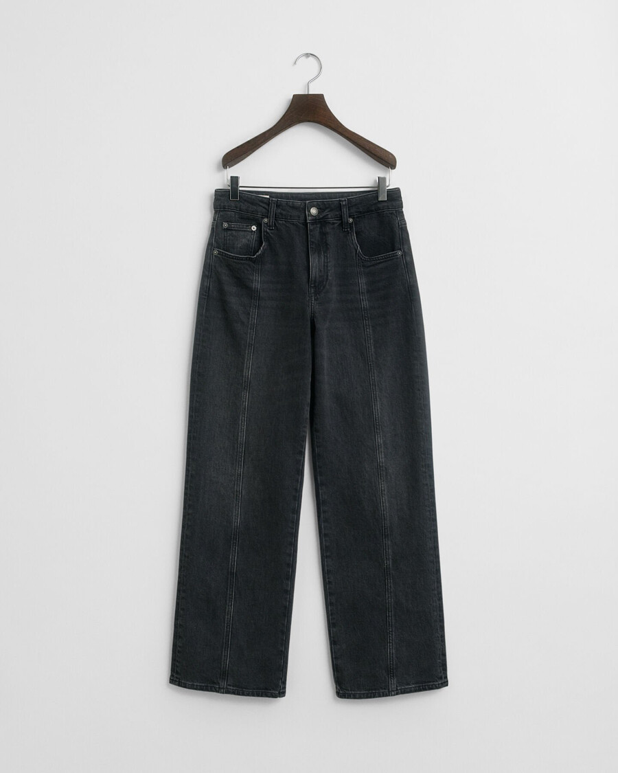 calça jeans reta com modelagem relaxada - preta com efeito desgastado
