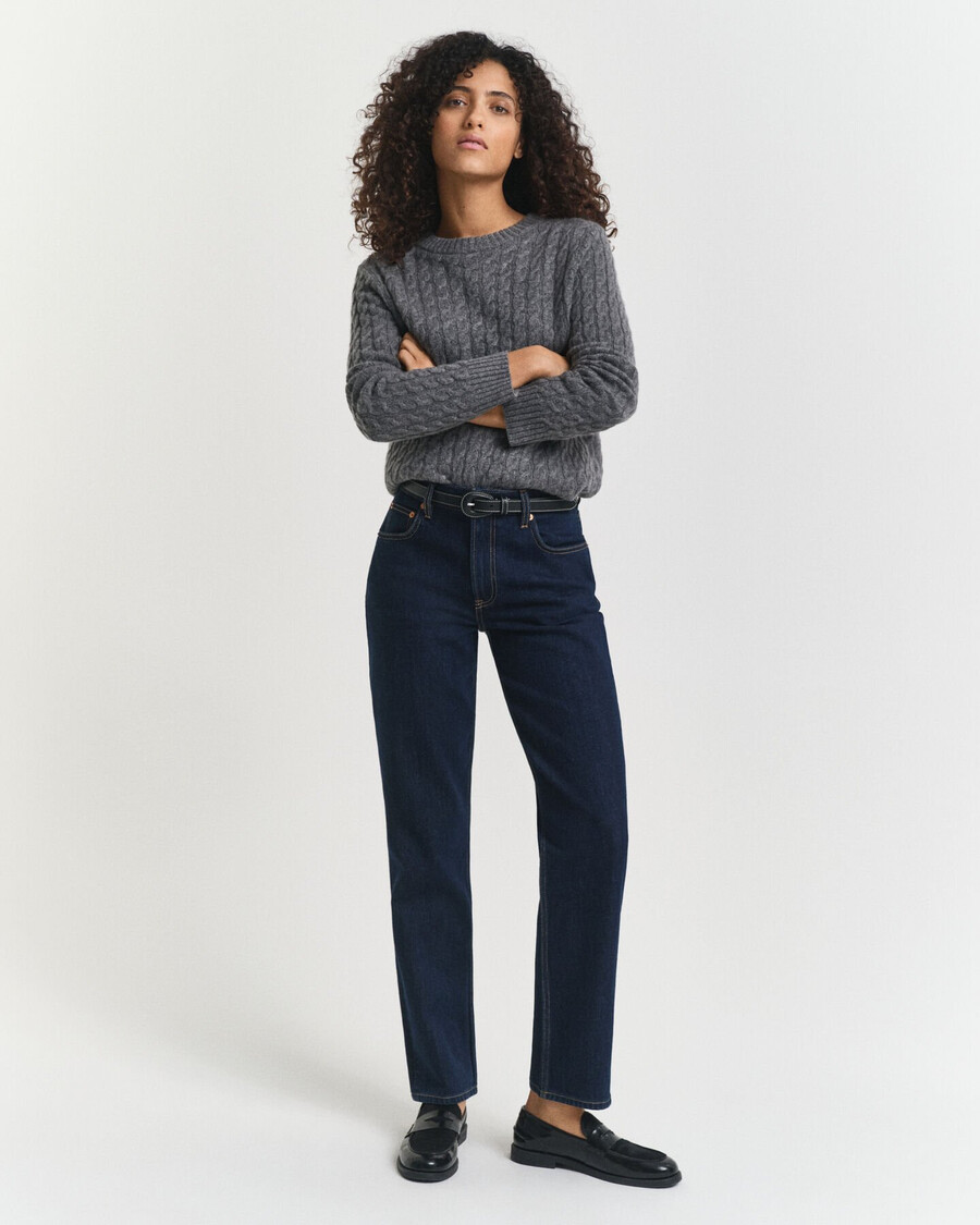 calça jeans reta com elastano - azul escuro