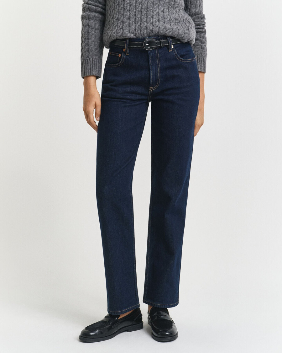 calça jeans reta com elastano - azul escuro