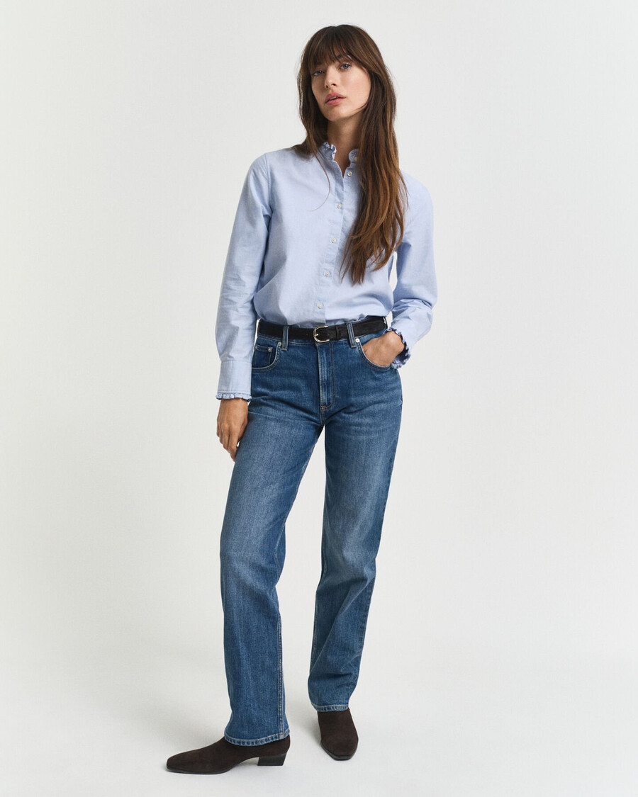 calça jeans reta com elastano - azul médio estilo desbotado