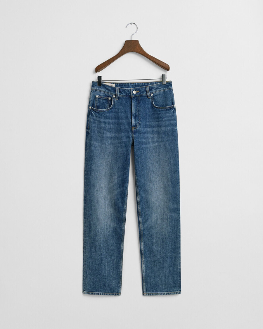 calça jeans reta com elastano - azul médio estilo desbotado