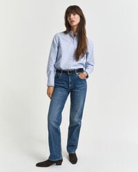 calça jeans reta com elastano - azul médio estilo desbotado