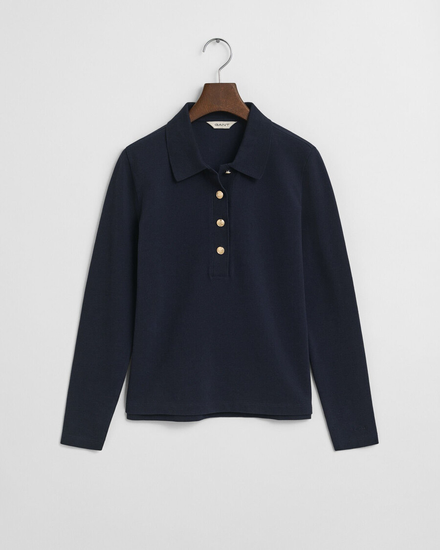 camisa polo de manga comprida em piqué - azul noite