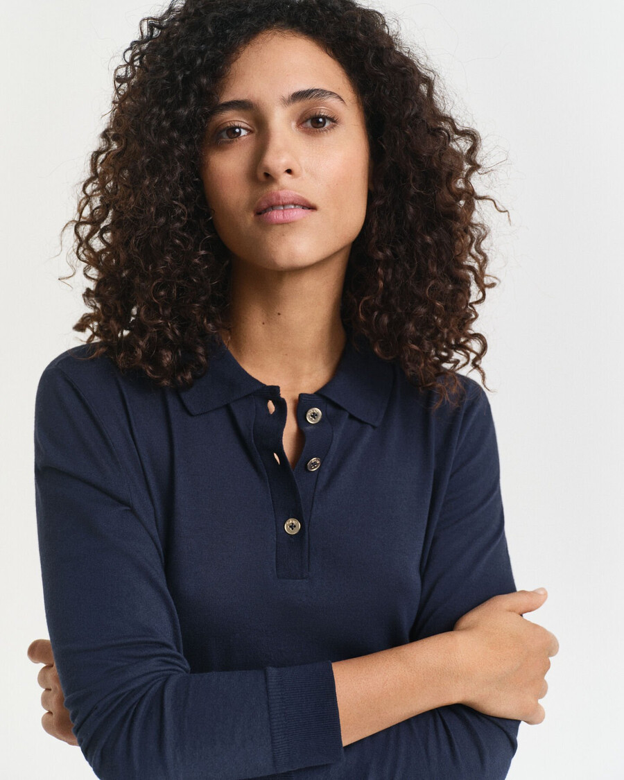 camisa polo de manga comprida sem costura com botões - azul noite