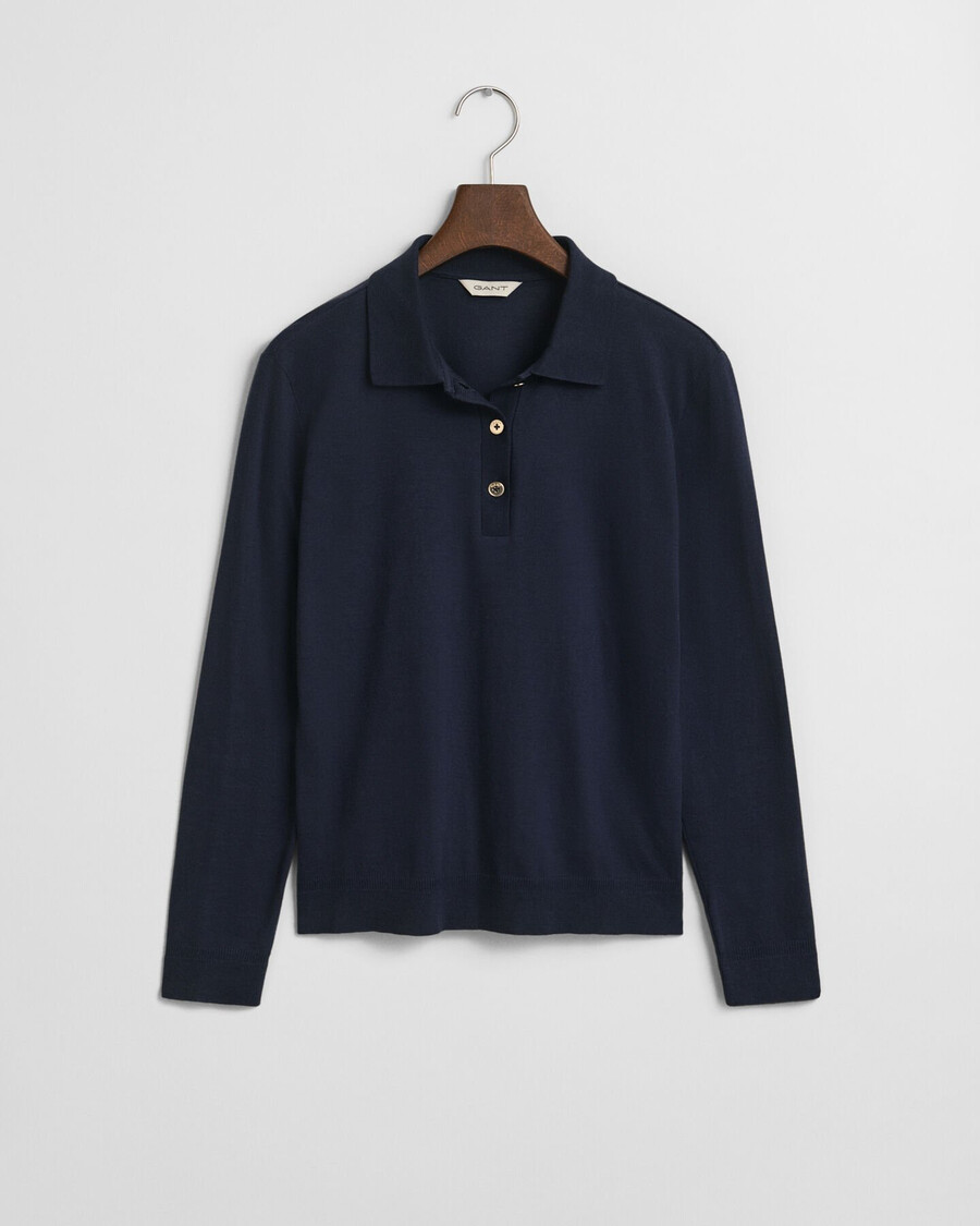 camisa polo de manga comprida sem costura com botões - azul noite