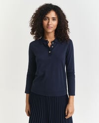 camisa polo de manga comprida sem costura com botões - azul noite