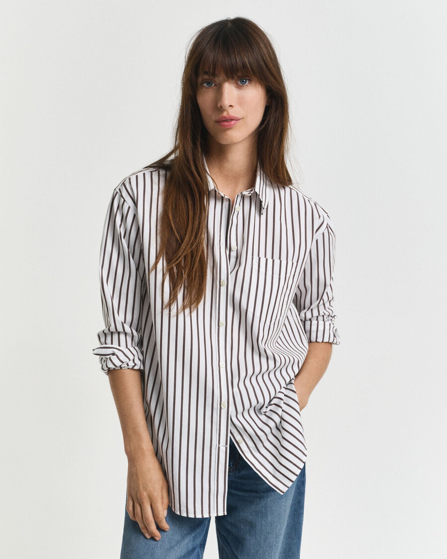 camisa clássica listrada de popeline com modelagem relaxada - marrom escuro