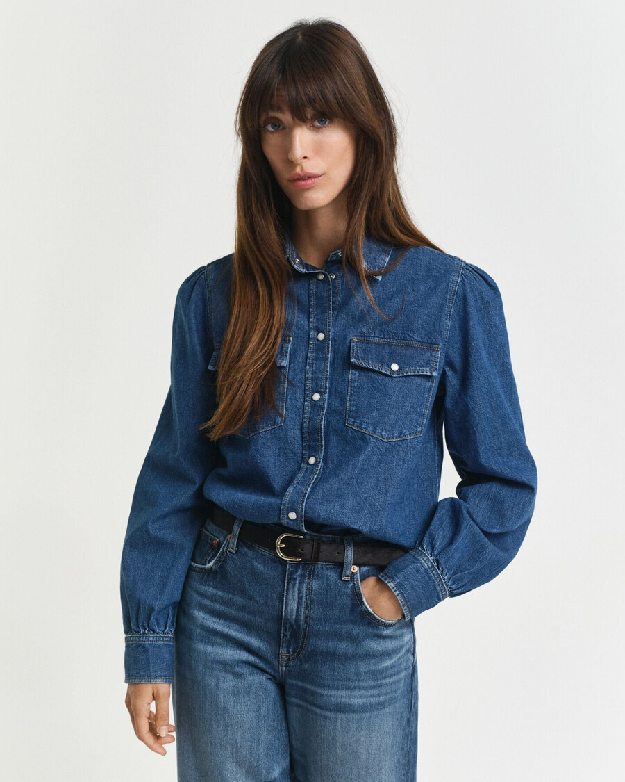 camisa jeans de manga bufante com modelagem regular - Índigo
