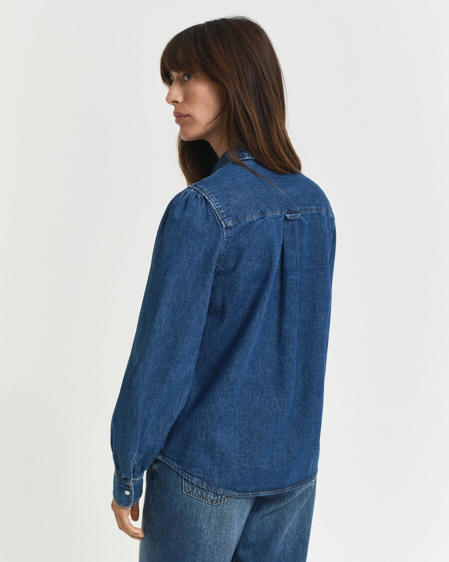 camisa jeans de manga bufante com modelagem regular - Índigo