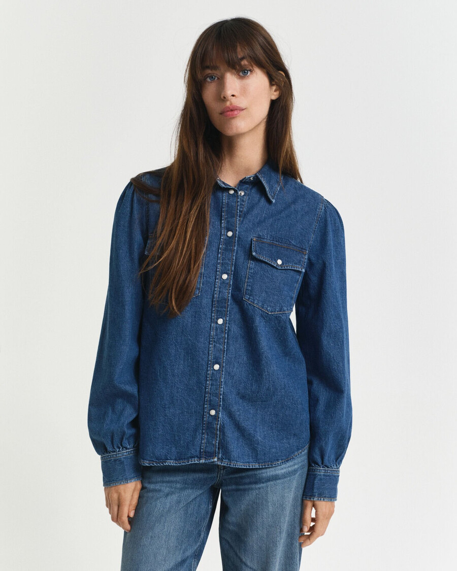 camisa jeans de manga bufante com modelagem regular - Índigo