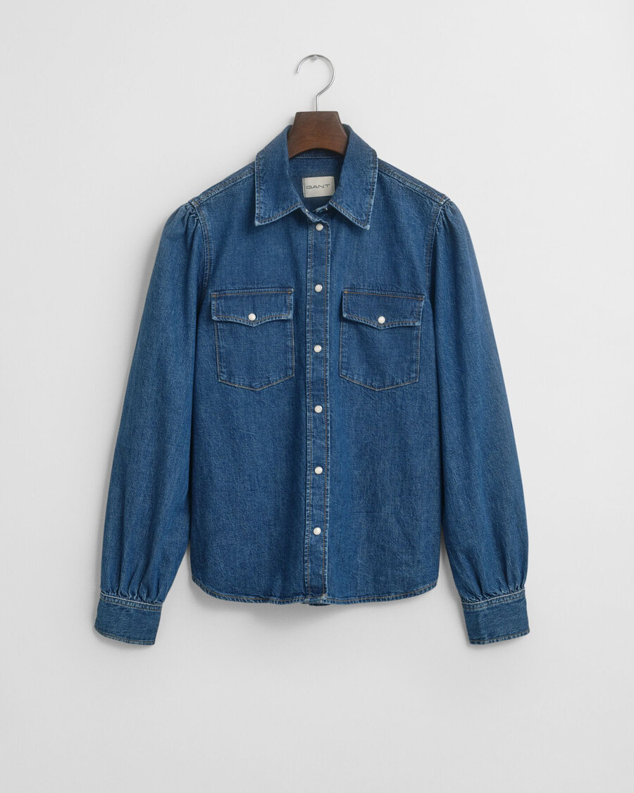 camisa jeans de manga bufante com modelagem regular - Índigo