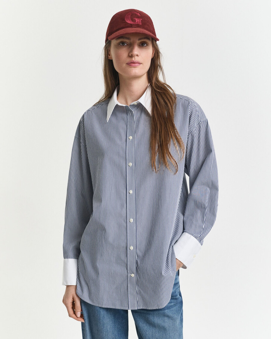 camisa listrada oversized com gola contrastante - azul persa
