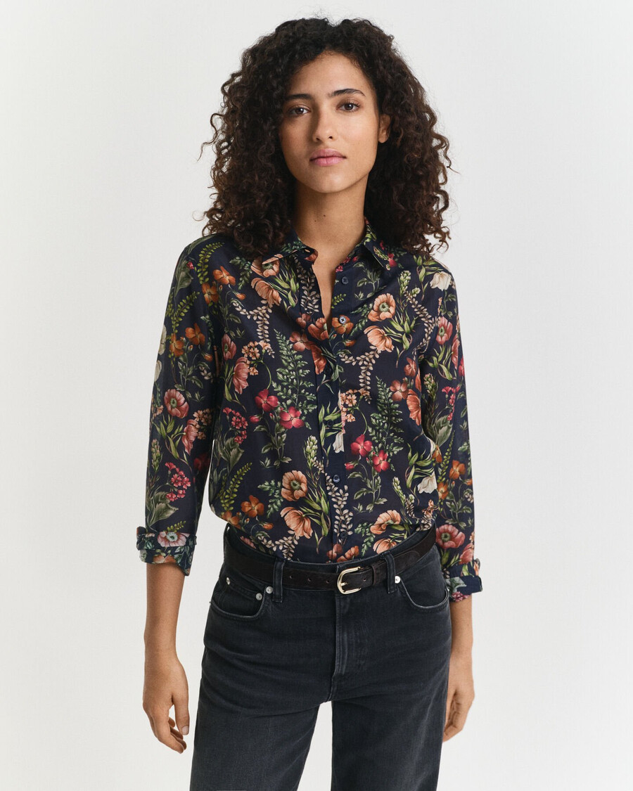 camisa de algodão e seda com estampa floral e modelagem regular - azul noite
