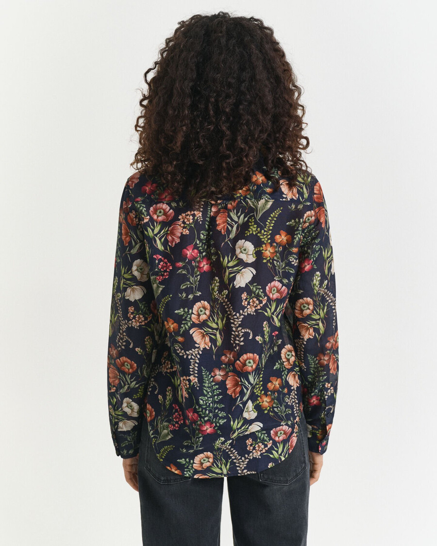 camisa de algodão e seda com estampa floral e modelagem regular - azul noite