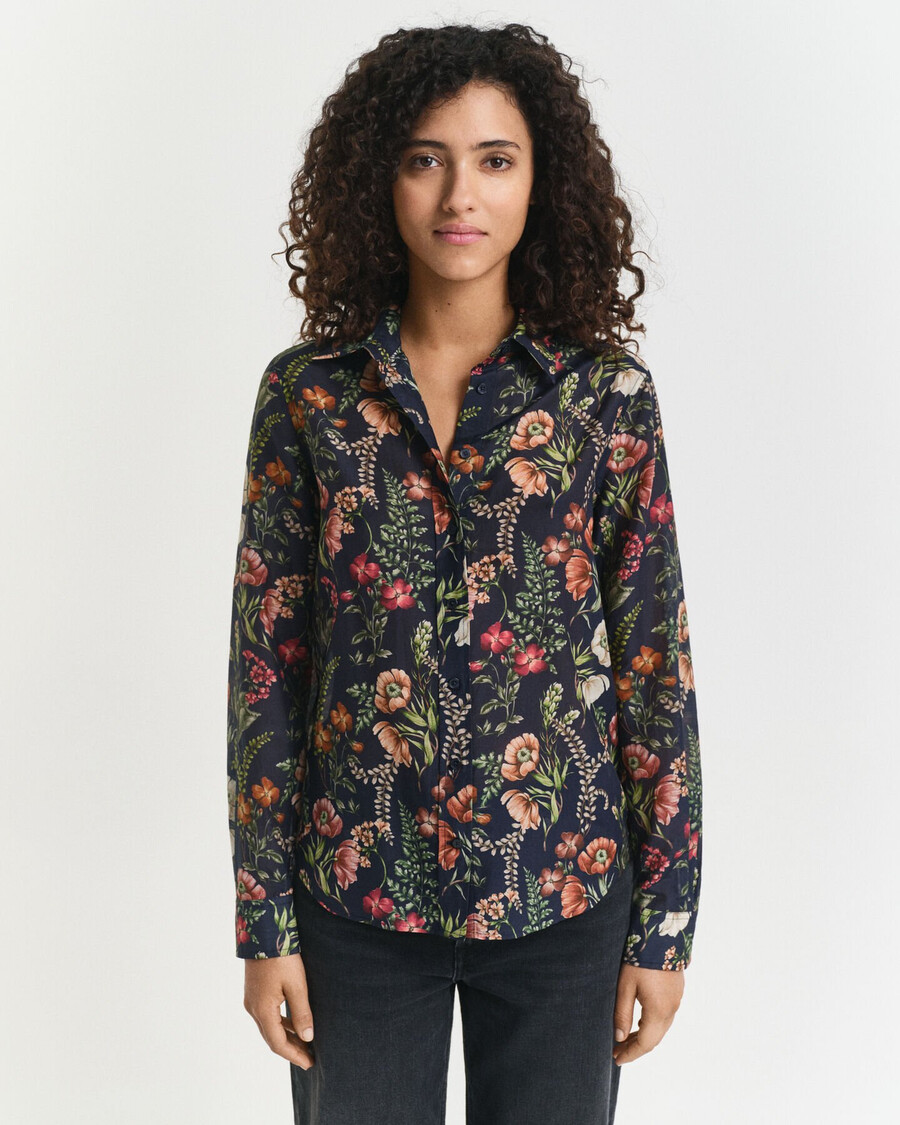 camisa de algodão e seda com estampa floral e modelagem regular - azul noite