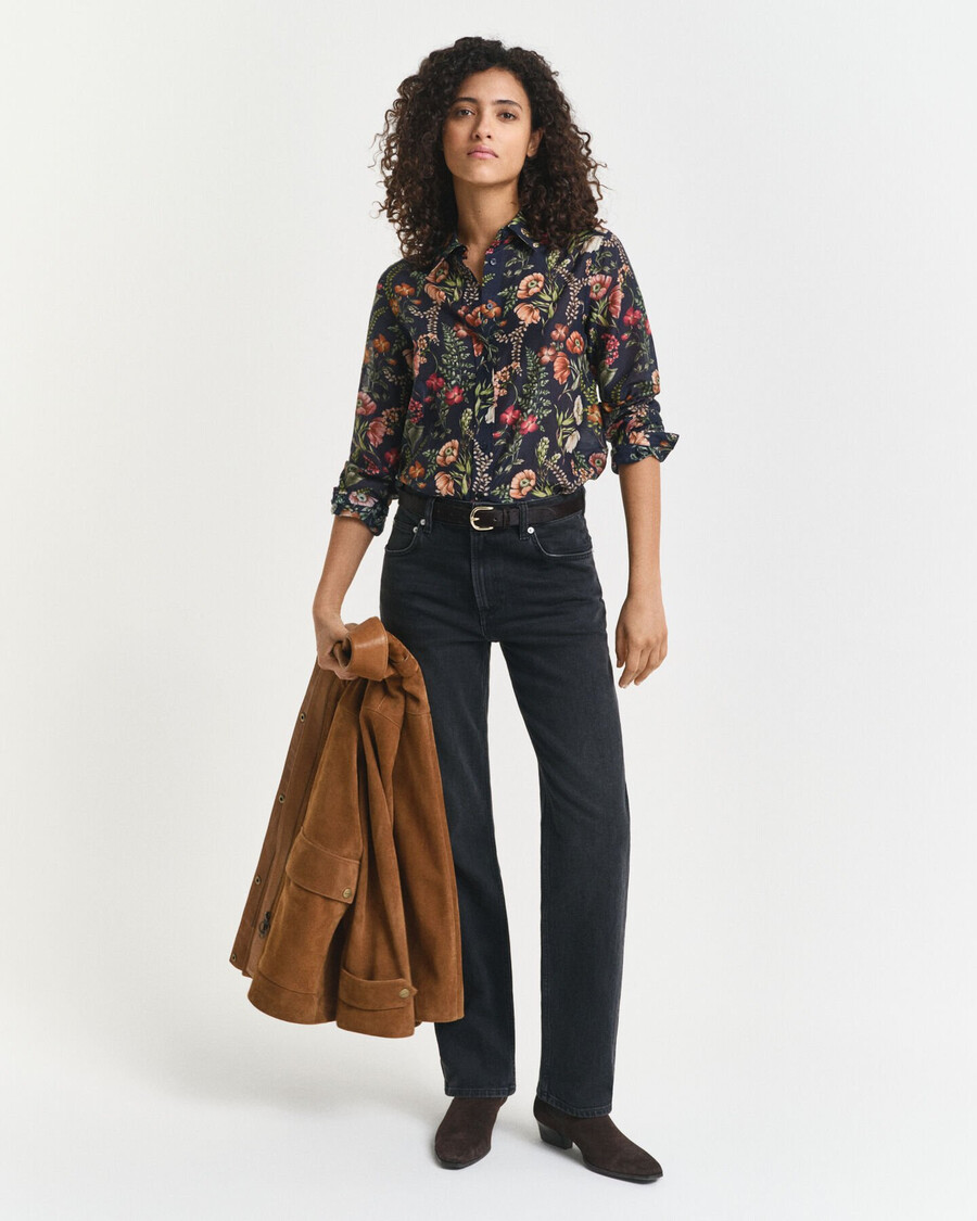 camisa de algodão e seda com estampa floral e modelagem regular - azul noite