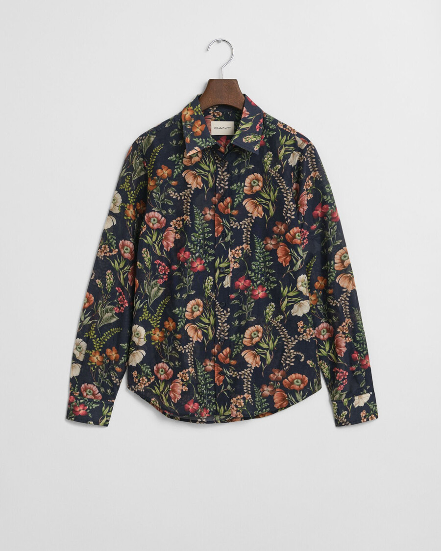 camisa de algodão e seda com estampa floral e modelagem regular - azul noite