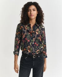 camisa de algodão e seda com estampa floral e modelagem regular - azul noite