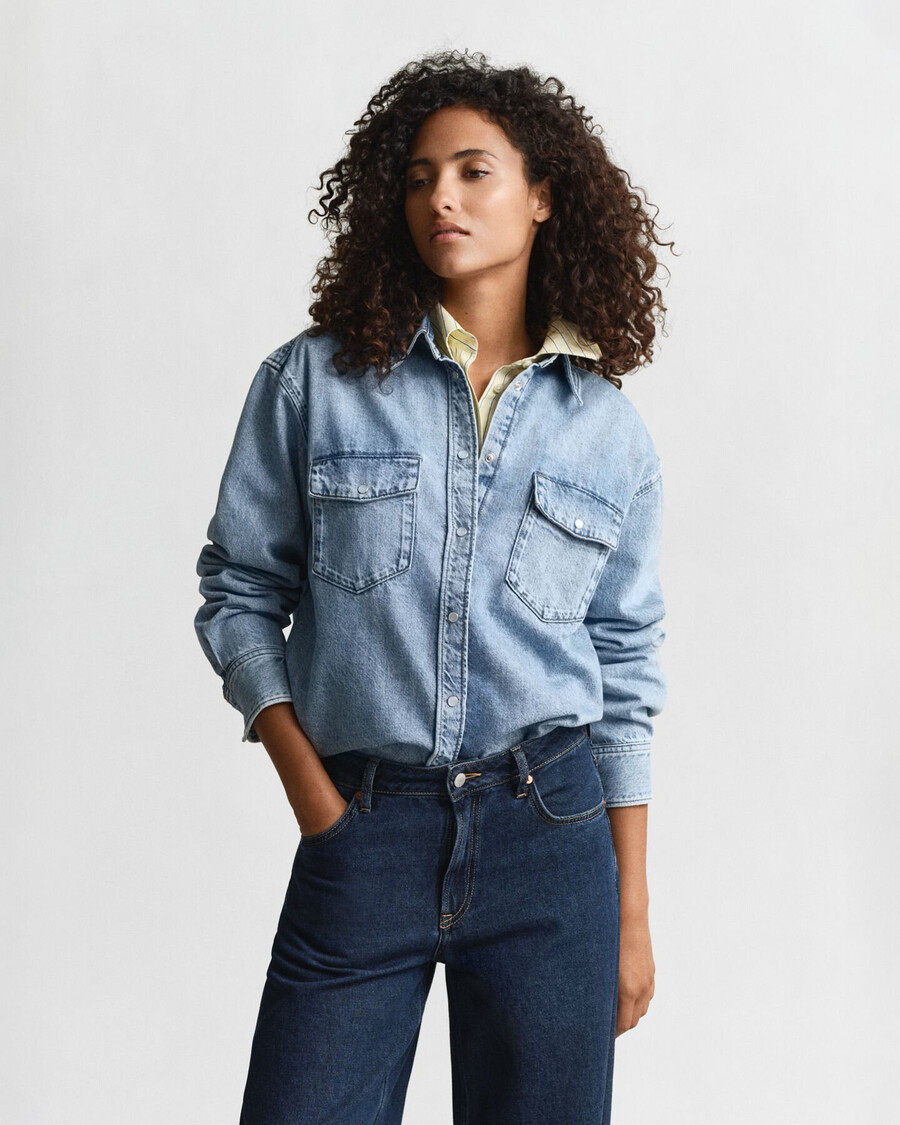 camisa jeans de corte relaxado - azul médio com efeito desgastado