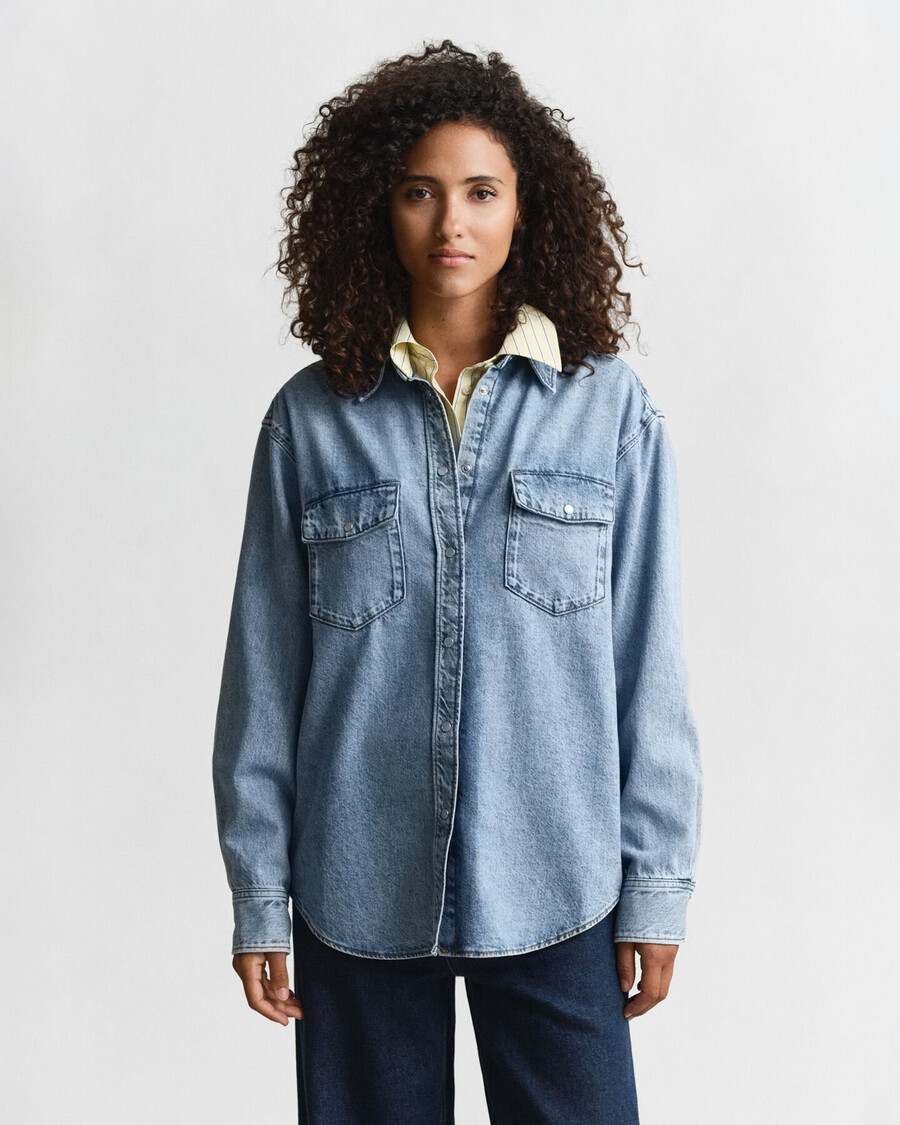 camisa jeans de corte relaxado - azul médio com efeito desgastado
