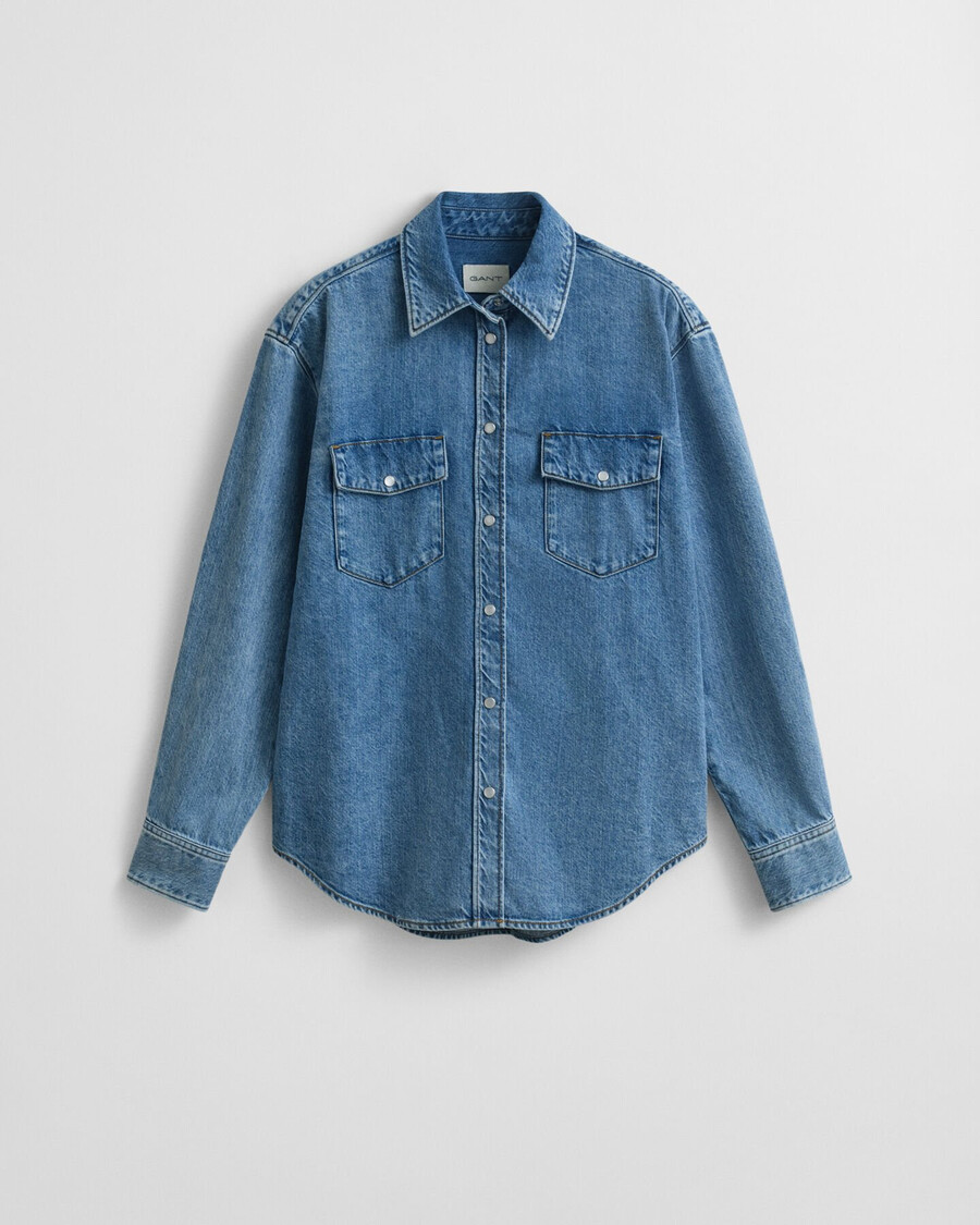 camisa jeans de corte relaxado - azul médio com efeito desgastado
