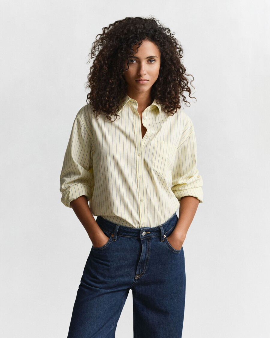 camisa listrada de popeline com modelagem relaxada - amarelo baunilha