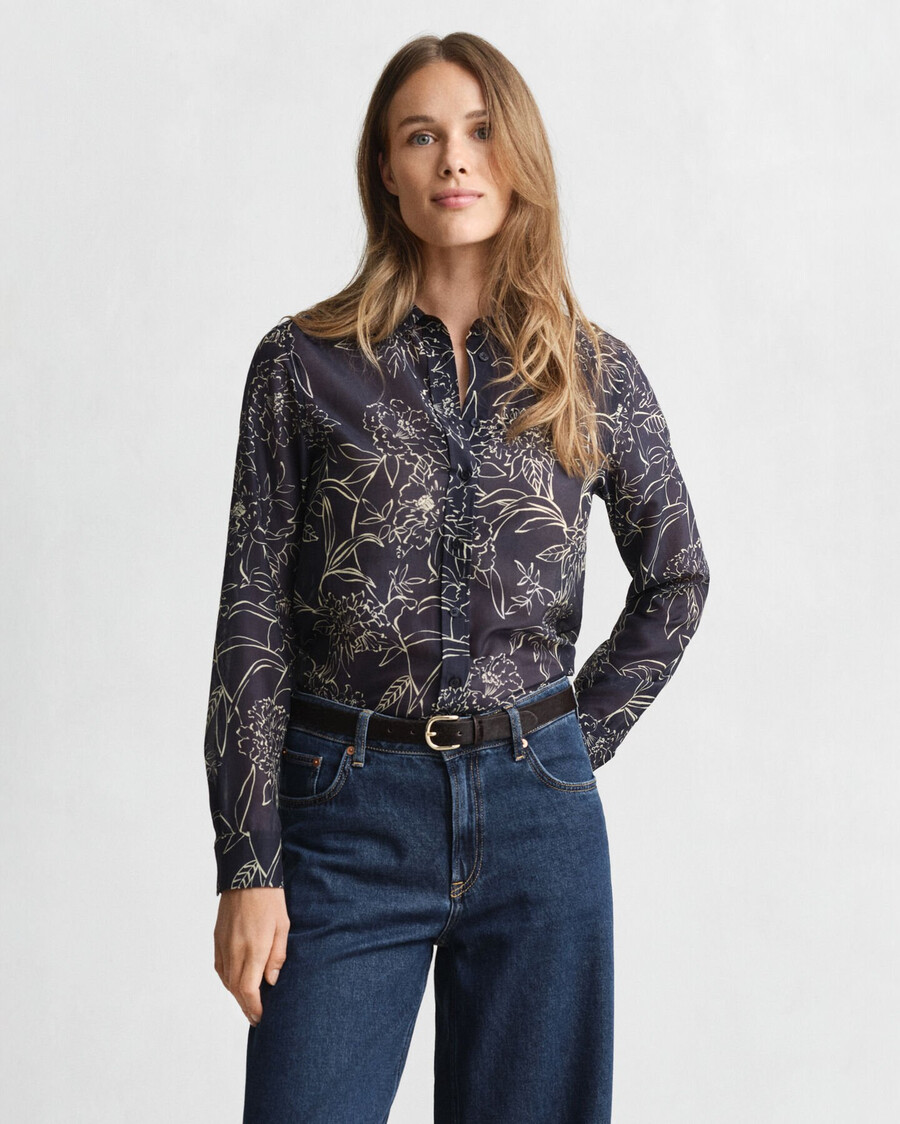 camisa de algodão e seda com estampa floral e modelagem regular - azul noite